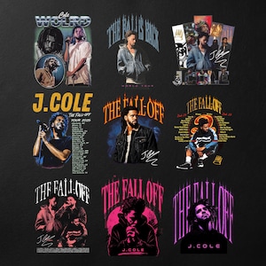 May include: A collection of nine graphic designs featuring J. Cole, including tour dates for The Fall Off 2026, various portraits of the artist, stylized text reading The Fall Off, and track lists. The designs use diverse color palettes and fonts.