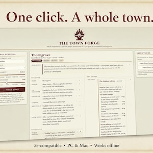 Puede incluir: Una interfaz digital para The Town Forge, un generador de ciudades de fantasía compatible con 5e. La pantalla muestra ajustes para el tamaño del asentamiento, región, prosperidad y extrañeza, junto con un perfil de ciudad generado para Thorngrove con detalles sobre personas, menús de taberna y leyes.