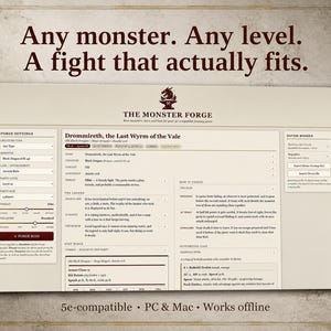 Puede incluir: Una interfaz digital para The Monster Forge, una herramienta compatible con 5e para juegos de fantasía. La pantalla muestra un bloque de estadísticas de monstruo para Drommireth, the Last Wyrm of the Vale, con ajustes y detalles.
