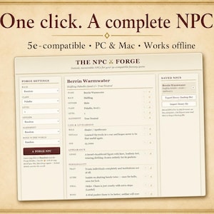 Peut inclure: Une interface numérique intitulée The NPC Forge affichant le profil de personnage de Berrin Warmwater, un Paladin Halfelin. L'écran présente des paramètres de race, classe, niveau et alignement, avec une barre latérale sur un fond couleur parchemin.