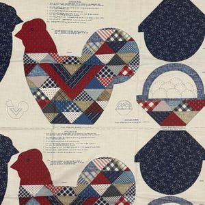 May include: A beige fabric panel featuring printed sewing patterns for a stuffed hen and a basket of eggs. The hen design uses a patchwork of red, blue, and white geometric patterns. Printed instructions and labels are included on the fabric.