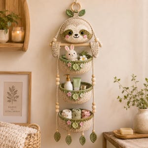 May include: A hanging wall organizer featuring a crocheted sloth head at the top and three tiered, round, cream-colored baskets. Each basket is accented with green trim, small pink flowers, and green leaves. Wooden beads decorate the hanging cords.