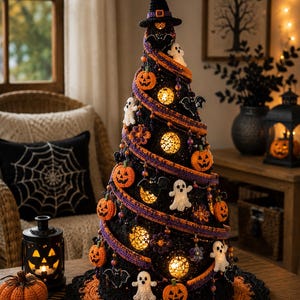 May include: A cone-shaped black crochet Halloween tree topped with a witch hat, decorated with orange pumpkins, white ghosts, and black bats. The tree features integrated warm glowing lights and is wrapped in a purple and orange crocheted garland.