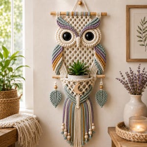 Peut inclure: Une suspension murale en macramé en forme de hibou, composée de corde couleur crème avec des accents vert sauge, jaune moutarde et lavande. Elle comprend une poche centrale contenant une petite plante verte, un croissant de lune doré et des perles.