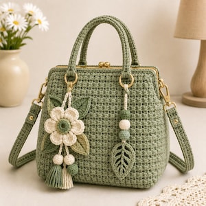 May include: A sage green crochet handbag featuring a gold-toned metal kiss-lock frame, two top handles, and a detachable shoulder strap. The bag is decorated with a crocheted flower, a leaf charm, and small wooden beads in cream and green tones.