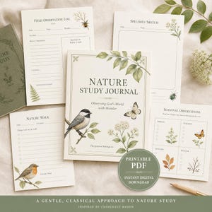 May include: A nature study journal with a cream cover featuring a bird, butterfly, and botanical illustrations. The text reads Nature Study Journal, Observing God's World with Wonder. Included are pages for field logs, specimen sketches, and seasonal observations.