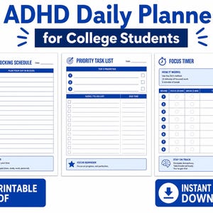 ADHD Daily Planner Printable PDF for College Students, Time Blocking Schedule, Focus Tracker, Executive Function