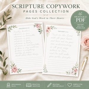 May include: Two printable scripture copywork pages featuring Philippians 4:8 and Proverbs 3:5-6 in cursive script. The pages are decorated with watercolor pink roses and green leaves, and include lines for writing. Text includes SCRIPTURE COPYWORK PAGES COLLECTION and PRINTABLE PDF INSTANT DIGITAL DOWNLOAD.