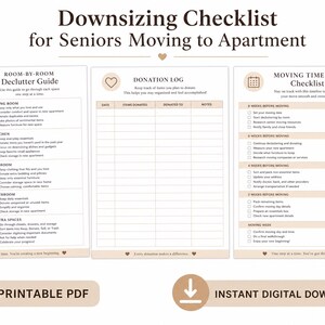 May include: A three-page printable downsizing checklist for seniors moving to an apartment. The document includes a room-by-room declutter guide, a donation log, and a moving timeline checklist with beige accents and icons for each section.
