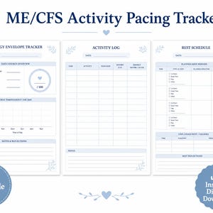 May include: A printable ME/CFS Activity Pacing Tracker document featuring three sections: Energy Envelope Tracker, Activity Log, and Rest Schedule. The layout includes tables, a graph, and fields for date, energy levels, and notes, all in a blue and white color scheme.
