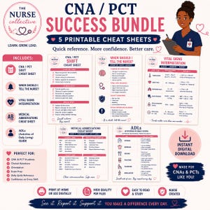 May include: A CNA/PCT success bundle featuring five printable cheat sheets with medical information, including shift checklists, vital signs interpretation, medical abbreviations, and ADLs guides, all presented in a pink and navy blue color scheme.
