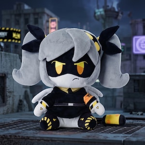 May include: A plush toy featuring a character with grey hair in pigtails, a black face mask with glowing yellow eyes, and a black outfit with yellow accents. The character has small white wings, a black belt, and a yellow and black tail attachment.