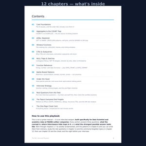 Op de afbeelding: Een witte pagina met de titel 12 chapters &mdash; what's inside, met een inhoudsopgave voor een SQL-interviewhandboek. Het bevat twaalf hoofdstukken over onderwerpen zoals basisprincipes, JOINs, vensterfuncties en CTE's, plus een spiekbriefje.