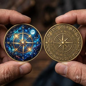 May include: Two circular metal coins featuring a compass design. The left coin displays a vibrant blue nebula with stars and a moon. The right coin is antique gold with the text "FIND YOUR WAY" and the date "09/15/2015" engraved around the compass.