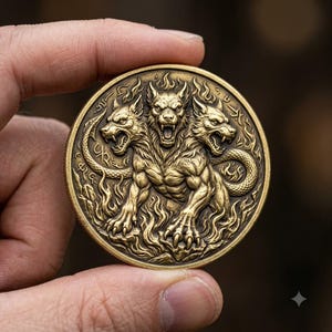May include: A circular brass-toned metal coin featuring a high-relief embossed design of a three-headed canine creature with a serpent-like tail. The creature is surrounded by stylized flames and intricate runic symbols on the coin surface.