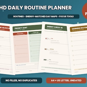 Könnte beinhalten: Ein ADHD-Tagesplaner mit 22 Seiten, der verschiedene Vorlagen wie Zeitblock-Pläne, Prioritätensortierung, Energie-Check-ins und Morgenroutinen enthält. Die Dokumente sind undatiert und in den Formaten A4 und US Letter verfügbar.