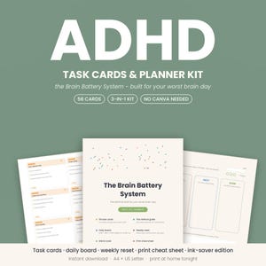 Op de afbeelding: Een ADHD-taakkaarten en plannerkit met het Brain Battery System. De kit bevat 56 kaarten, een 3-in-1 systeem en vereist geen Canva. De pagina's tonen takenlijsten, een dagelijks bord en een wekelijkse resetgids op crèmekleurig papier.
