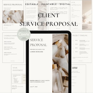 May include: A digital service proposal template displayed on a tablet screen, featuring a minimalist layout with beige and white tones. The document includes sections titled Service Proposal, Understanding Your Goals, and Project Timeline.