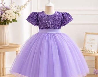 Girls Sequin Party Dress, Sparkly Princess Tulle Gown, Bow Birthday Dress, Flower Girl Wedding Dress, Christmas Formal Outfit