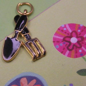 J8 Gold Shovel and Rake Charm gardening flowers vegetables