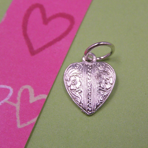 D260 Silver Flowered Filigree Heart  Charm (two sided) - it starts in the heart charm