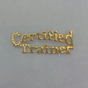Könnte beinhalten: Eine goldfarbene Anstecknadel mit dem Schriftzug "Certified Trainer" in kursiver Schrift. Der Buchstabe "C" ist mit kleinen, klaren Strasssteinen verziert. Die Nadel befindet sich vor einem hellgrauen Hintergrund.