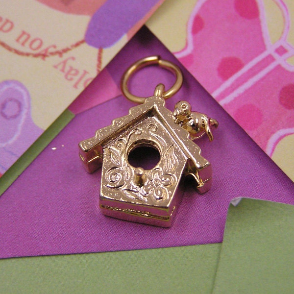 019 Gold Birdhouse Bird Charm