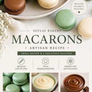 Artisan Macaron Recipe | French Shell, Vanilla, Chocolate Fillings (Canva Template)