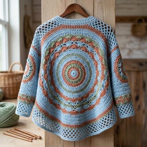 Könnte beinhalten: Ein hellblauer Häkelpullover mit einem großen kreisförmigen Mandalamuster auf der Rückseite. Das Design umfasst konzentrische Ringe in Terrakotta, Salbeigrün und Hellblau sowie einen durchbrochenen Netzrand am Saum und an den Ärmeln.