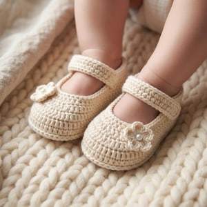 May include: A pair of cream-colored crochet baby shoes featuring a rounded toe, a single strap across the top with a hook-and-loop closure, and a small crocheted flower accent on the front of each shoe, each centered with a single white pearl bead.