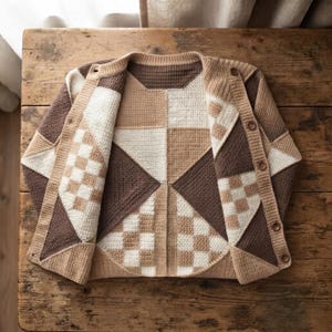 May include: A long-sleeve cardigan featuring a geometric patchwork design in shades of dark brown, tan, and cream. The garment is constructed with a textured knit pattern, a V-neckline, and a front button closure with five visible brown buttons.