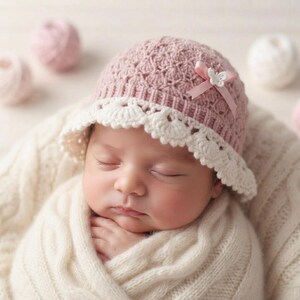 Puede incluir: Un gorro de bebé de ganchillo en color rosa empolvado con un patrón de rombos texturizado, un borde festoneado de color crema y un pequeño lazo de cinta rosa con un dije de mariposa blanco en el lateral, usado por un bebé dormido.