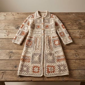 Granny Square Patchwork Maxi Coat Crochet Pattern, Open-Front Cardigan (PDF)