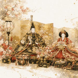 May include: A pair of traditional Japanese Hina dolls featuring an emperor and empress in ornate, multi-layered silk robes. The figures are positioned before a gold folding screen, flanked by two black lanterns and surrounded by cherry blossom motifs.