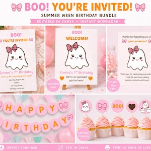 May include: A digital birthday party bundle featuring a ghost character with a pink bow. Includes an invitation, welcome sign, thank you card, banner, and cupcake toppers with text like BOO! YOU'RE INVITIED!, Emma's 7th Birthday, and HAPPY BIRTHDAY.