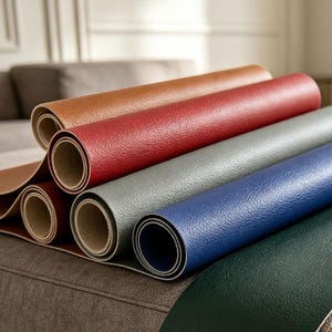 Op de afbeelding: Een stapel van vijf opgerolde vellen gestructureerd kunstleer in verschillende kleuren, waaronder bruin, rood, grijs, blauw en donkergroen. Elke rol vertoont een consistente korrelige oppervlaktestructuur en een lichte binnenvoering aan de uiteinden.