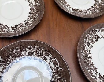 Juego de 6 platillos de la marca J&G Meakin, color marrón, con borde festoneado, de estilo vintage inglés Royal Staffordshire.