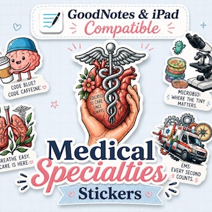 Puede incluir: Una colección de pegatinas de temática médica con un corazón con caduceo, pulmones, un microscopio, una ambulancia y un cerebro con una taza de café. El texto incluye GoodNotes & iPad Compatible, Code Blue? Code Caffeine, Dedicated to Care, Breathe Easy, Microbio: Where the Tiny Matters y EMS: Every Second Counts.