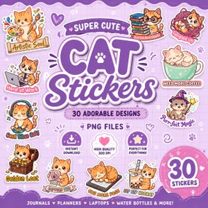 Puede incluir: Una colección digital de 30 pegatinas de gatos que muestran varios gatos atigrados naranjas en diferentes actividades, como pintar, leer, trabajar en una computadora portátil y beber té boba, sobre un fondo de cuadrícula violeta claro con texto.