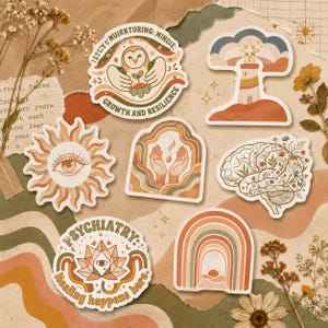 Puede incluir: Una colección de siete pegatinas troqueladas con ilustraciones en tonos tierra apagados. Los diseños incluyen un búho con el texto 'Nurturing Minds: Growth and Resilience', un faro, un sol con un ojo, manos sosteniendo una semilla, un cerebro floral, un loto con el texto 'Psychiatry: Healing happens here' y un arcoíris.