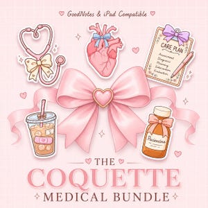 Puede incluir: Un conjunto de pegatinas digitales que incluye un estetoscopio rosa con un lazo, un corazón anatómico con un lazo azul, un portapapeles de plan de cuidados, un café helado con una tirita y un frasco de medicina con la etiqueta Paciencina.