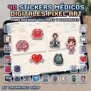 May include: A collection of 40 digital pixel art medical stickers displayed on a tablet screen. The stickers feature various healthcare icons including a brain, heart, ambulance, medical staff, and equipment. The text reads 40 STICKERS MÉDICOS DIGITALES PIXEL ART PARA AGENDAS DIGITALES Y GOODNOTES.
