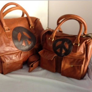 SMALL Rust colored Leather Satchel , with the iconic peace sign ... Ready to ship image 2