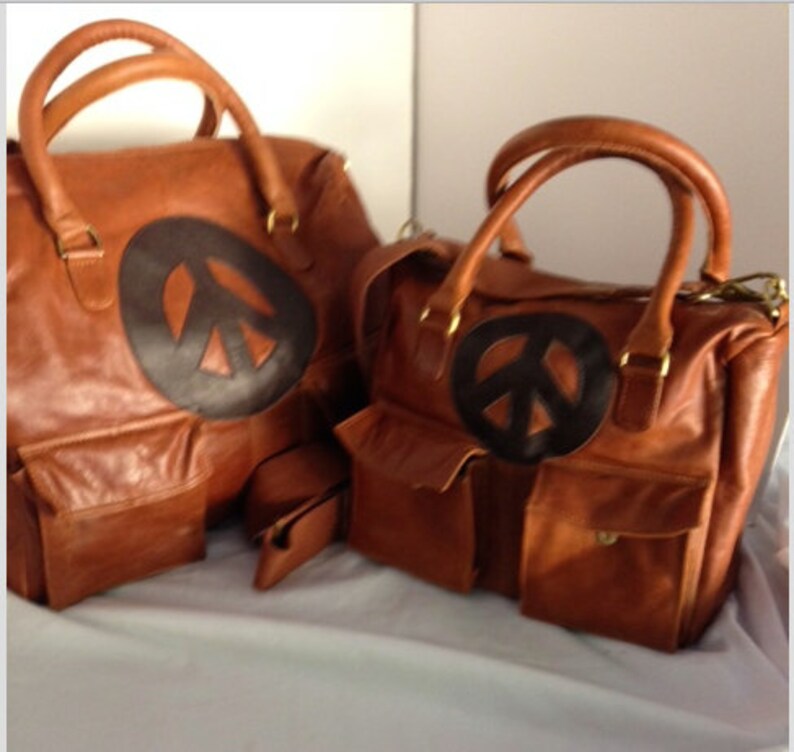 SMALL Rust colored Leather Satchel , with the iconic peace sign ... Ready to ship image 2