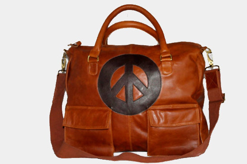 SMALL Rust colored Leather Satchel , with the iconic peace sign ... Ready to ship image 1