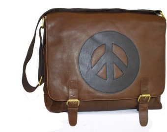 Chocolate Brown /Tobacco ,Real Leather Peace Messenger Bag / Unisex -Everyday /Laptop Bag .