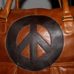 SMALL Rust colored Leather Satchel , with the iconic peace sign ... Ready to ship image 5