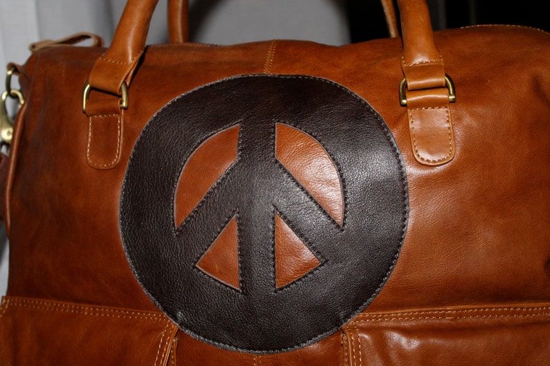 SMALL Rust colored Leather Satchel , with the iconic peace sign ... Ready to ship image 5