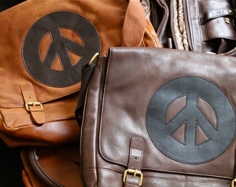 The Real leather  Peace Flap over Messenger Bag / Unisex, Laptop Bag, Courier Bag