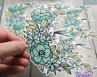 Dragonfly Moon Vinyl Sticker | High quality weather proof vinyl | 3 x 2.75" | Flower Moon | Pastel sticker | Dragonfly in flowers